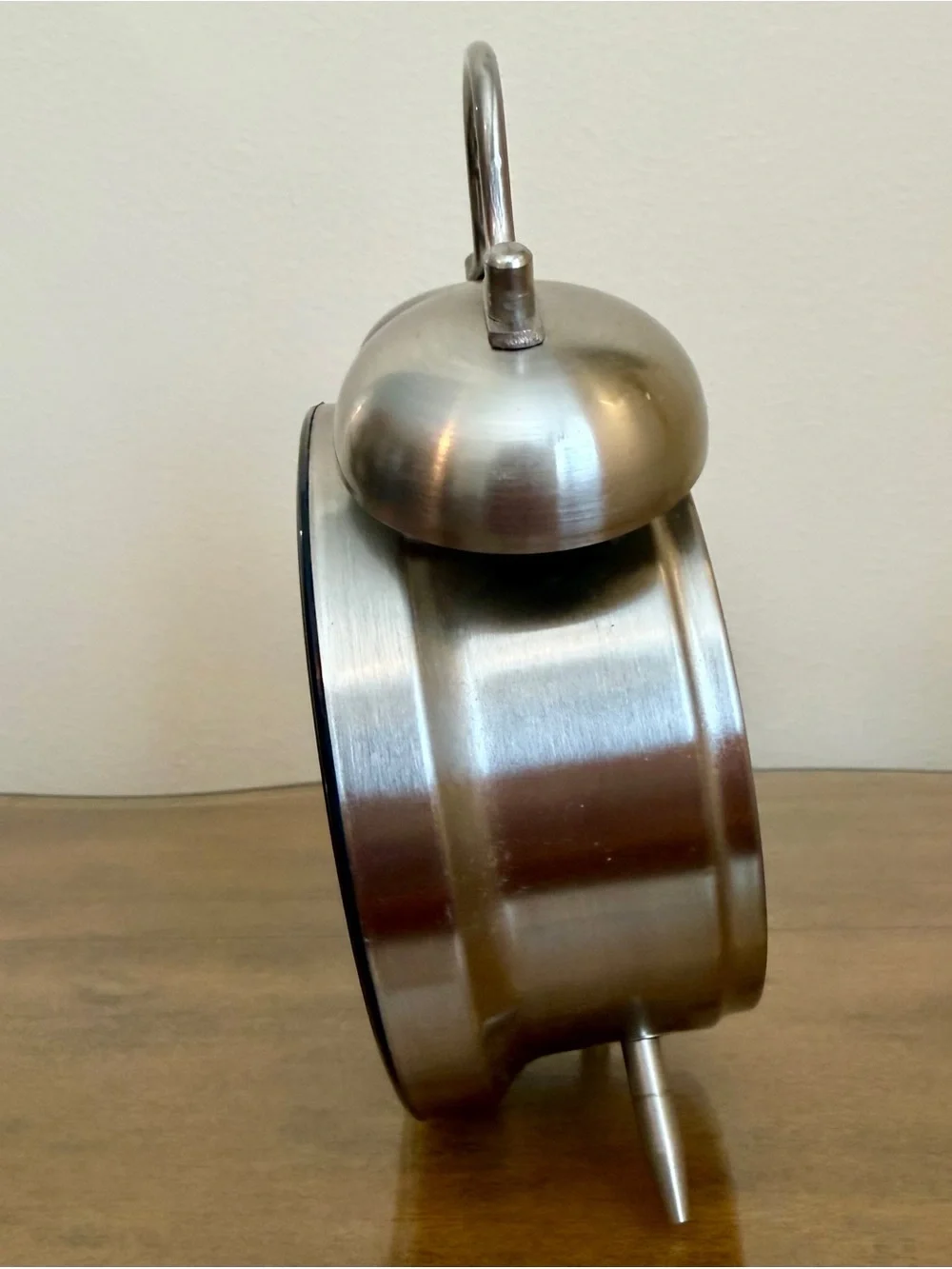 Sharp Twin Bell Alarm Clock in a silver brushed metal finish